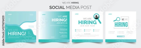 Fototapeta Join our team banners. We are hiring communication poster, help wanted advertising banner with speaker and vacant badge. Hr recruiting hire, vacancy job offer isolated vector signs set