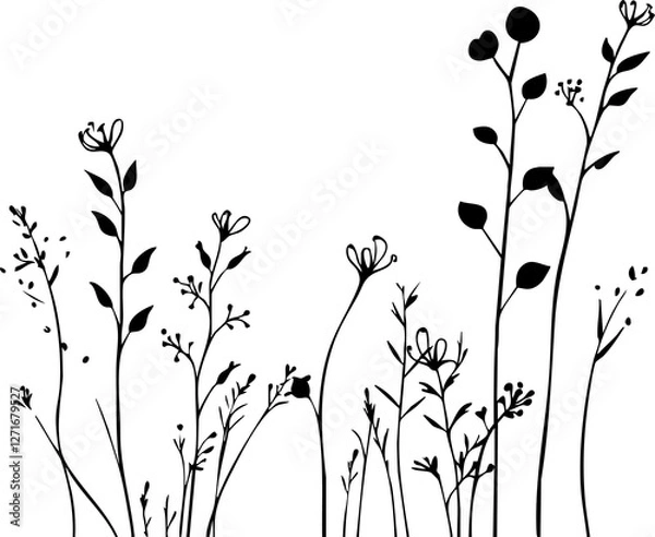 Fototapeta Small leaf plant silhouette pattern wallpaper. Black and white. minimal artwork. simple template. tattoo design. card and package. PNG tranparent.