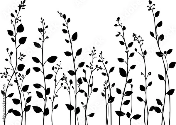 Fototapeta Small leaf plant silhouette pattern wallpaper. Black and white. minimal artwork. simple template. tattoo design. card and package. PNG tranparent.
