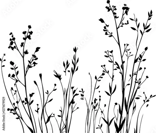 Fototapeta Small leaf plant silhouette pattern wallpaper. Black and white. minimal artwork. simple template. tattoo design. card and package. PNG tranparent.