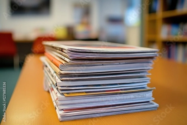 Fototapeta A high stack of papers and magazines on a wooden table in a library setting.