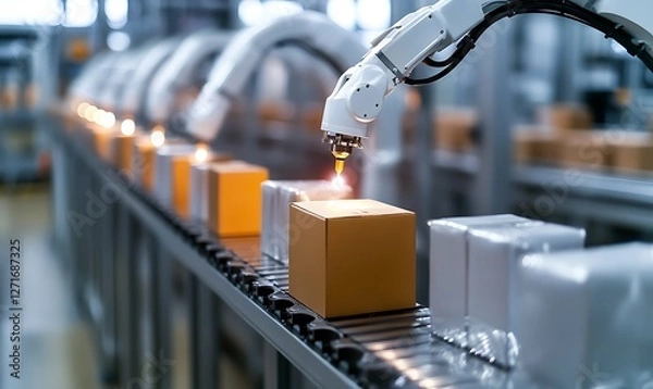 Obraz Automated packaging process manufacturing plant industrial technology controlled environment close-up view efficiency concept. Automatic robot mechanical arm is working in temporary storage 