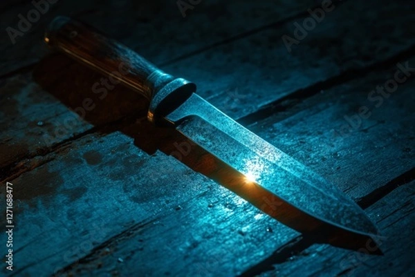 Fototapeta Hunting knife with wooden handle is lying on a wooden table in atmospheric lighting