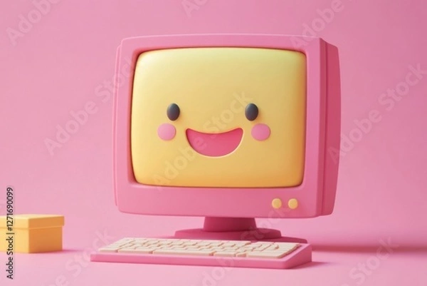 Fototapeta Cute cartoon computer with a smiling face on a pink background.