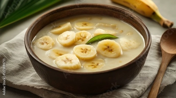 Fototapeta Warm Kolak dessert served in a rustic bowl, featuring tender banana slices and sweet potatoes in coconut milk, perfect for Ramadan iftar or suhoor moments