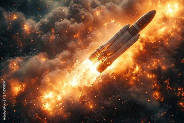 Obraz Blazing Ascent, Rocket Soaring Through Cosmic Firestorm Atmosphere