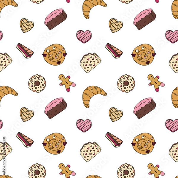 Fototapeta Sweets doodle Seamless pattern with bun, doughnut, croissant, chocolate cake. Vector patterns endless. Color sample pattern for fabric, packaging, background.