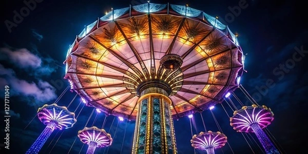 Fototapeta Coney Island Parachute Jump Night - Close Up Streetlight Lantern & Thrilling Ride