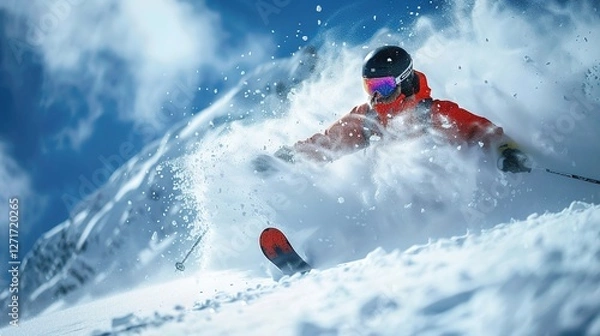 Fototapeta Experience the Exhilaration of Gliding Down Pristine Snowy Slopes: Feel the Wind Whisper, Snow Spray in Graceful Arcs, and Your Heart Pound with the Intoxicating Blend of Speed and Motion – Perfect fo