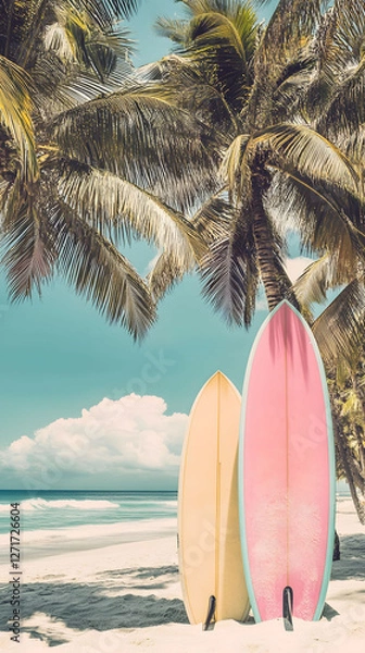 Fototapeta Tropical Beach Paradise: Surfboards Under Palm Trees