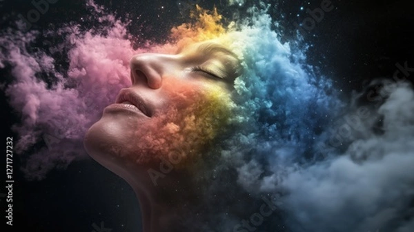 Fototapeta A serene woman with colorful clouds surrounding her head against a dark background.