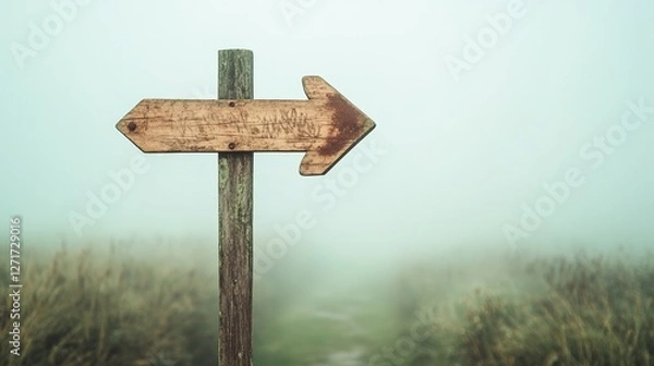 Fototapeta Old weathered wooden arrow signpost pointing direction through heavy fog in a field representing choice, decision making, fear of better option - fobo - , and job insecurity