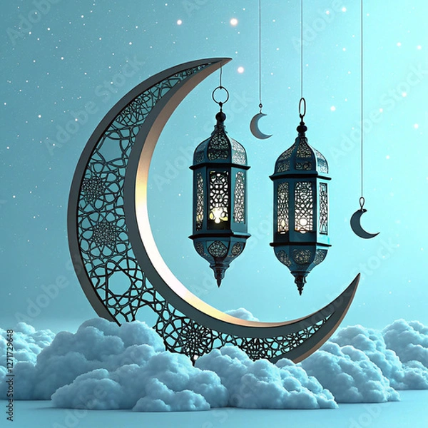 Obraz Flat design Ramadan Kareem background, 3d golden metal crescent and stars. Arabic style arch in beige color with traditional pattern. elegant golden moon with mosque ramadan kareem background