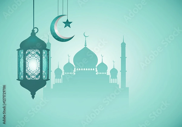 Obraz Islamic greetings Ramadan Kareem card design with lanterns and crescent, elegant golden moon with mosque Ramadan Kareem background