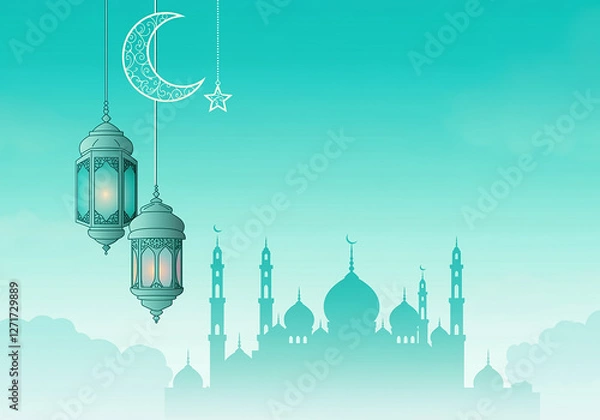 Obraz Islamic greetings Ramadan Kareem card design with lanterns and crescent, elegant golden moon with mosque Ramadan Kareem background