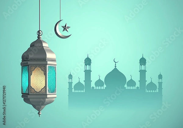 Obraz Islamic greetings Ramadan Kareem card design with lanterns and crescent, elegant golden moon with mosque Ramadan Kareem background