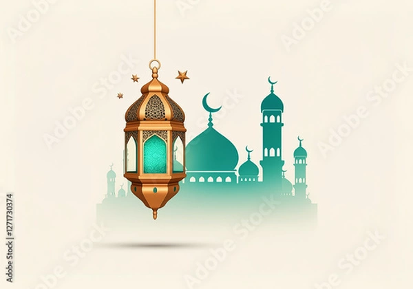 Obraz Islamic greetings Ramadan Kareem card design with lanterns and crescent, elegant golden moon with mosque Ramadan Kareem background