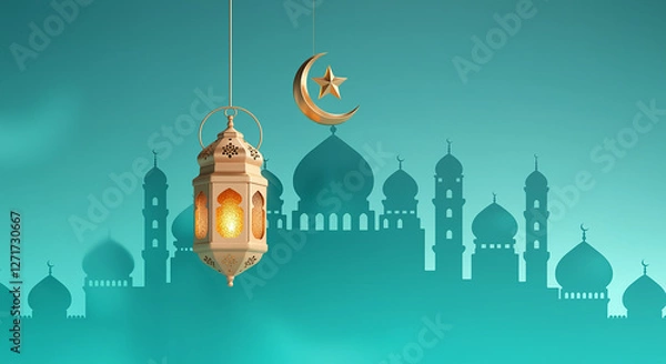 Obraz Islamic greetings Ramadan Kareem card design with lanterns and crescent, elegant golden moon with mosque Ramadan Kareem background