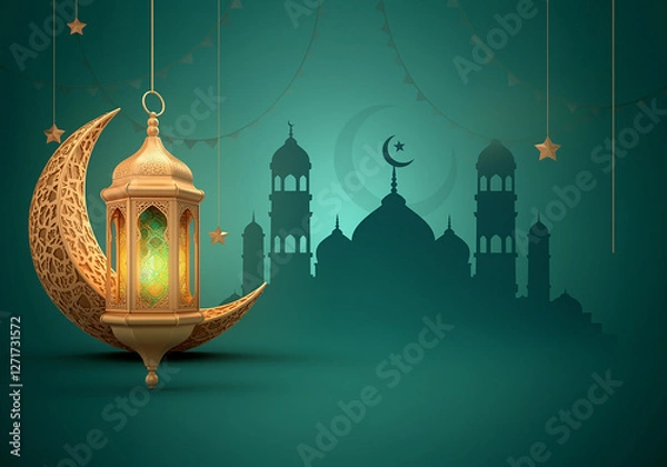 Obraz Islamic greetings Ramadan Kareem card design with lanterns and crescent, elegant golden moon with mosque Ramadan Kareem background