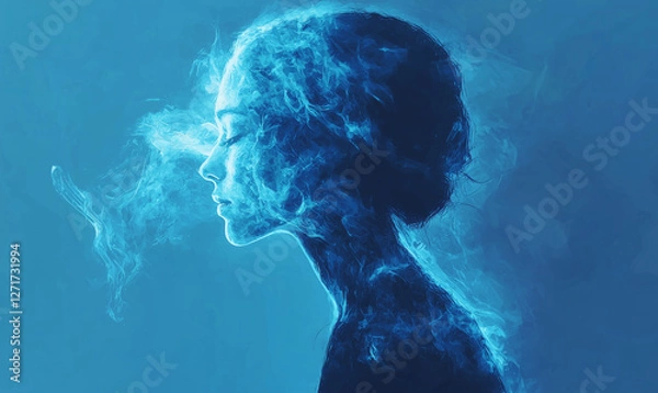 Fototapeta A silhouette of a woman with ethereal blue smoke, creating a mystical and dreamy atmosphere.