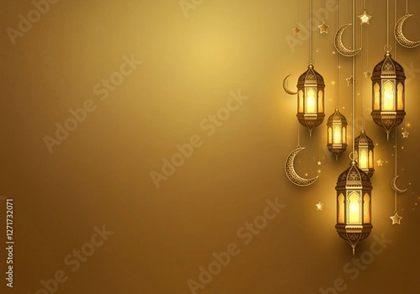 Obraz Flat design Ramadan Kareem background, 3d golden metal crescent and stars. Arabic style arch in beige color with traditional pattern. elegant golden moon with mosque ramadan kareem background