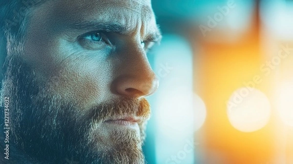 Fototapeta A contemplative man gazing thoughtfully into the distance with a focus on his rugged features and intense expression