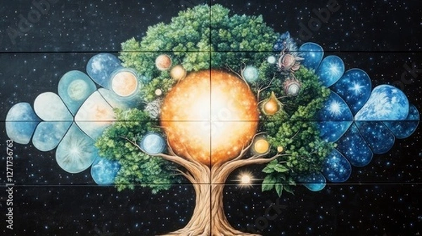 Fototapeta A stunning mural illustrating a cosmic tree of life, representing the harmony between nature and the universe in a vibrant, magical design.