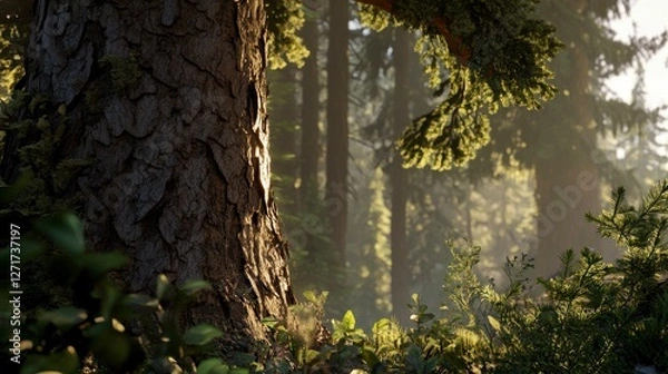Obraz Misty Forest Sunlight: A Serene Woodland Scene