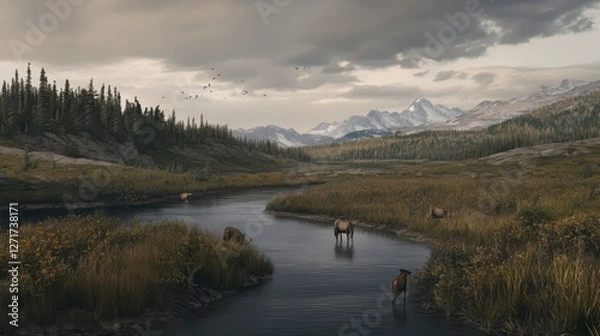 Obraz Majestic Mountain River Scene with Wildlife Grazing by the Riverbank