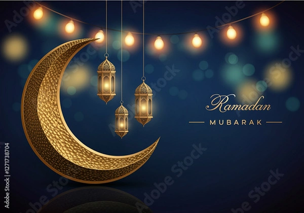 Obraz Flat design Ramadan Kareem background, 3d golden metal crescent and stars. Arabic style arch in beige color with traditional pattern. elegant golden moon with mosque ramadan kareem background