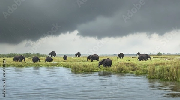 Obraz Majestic Elephants Grazing in a Lush African Savanna During a Rainy Season