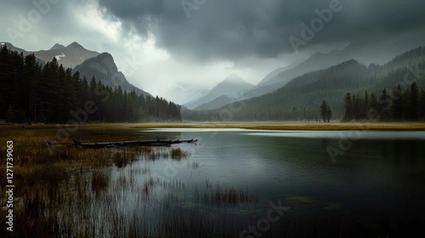 Obraz Misty Mountain Lake: A Serene Landscape Painting