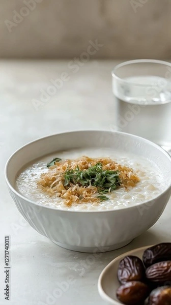 Obraz Delicious Bubur Lambuk served for Iftar with contrasting dates and water in a serene setting during Ramadan’s holy month of fasting and reflection