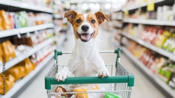 Fototapeta A playful dog is standing on its hind legs with paws resting on a shopping cart surrounded by colorful grocery bags in a supermarket filled with various products
