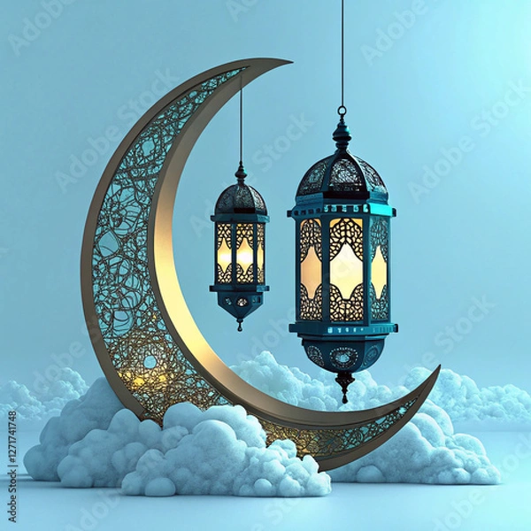 Obraz Flat design Ramadan Kareem background, 3d golden metal crescent and stars. Arabic style arch in beige color with traditional pattern. elegant golden moon with mosque ramadan kareem background
