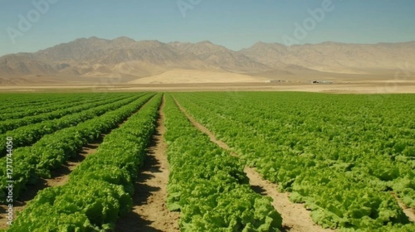 Fototapeta Lettuce farm rows stretch to distant mountains in a desert landscape