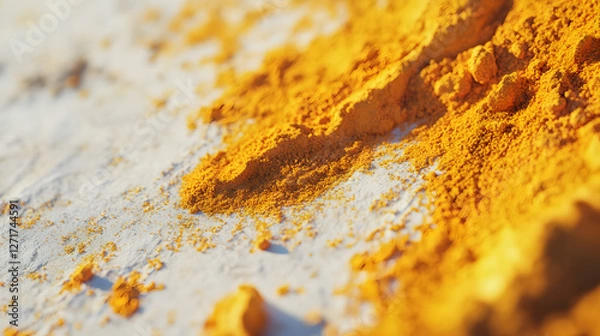 Fototapeta Close-up view of turmeric powder scattered on a clean, white surface, with vibrant yellow tones that stand out against the neutral background.