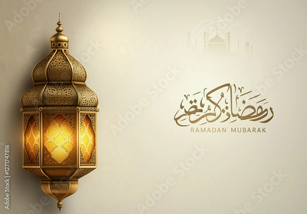 Obraz Islamic greetings Ramadan Kareem card design with lanterns and crescent, elegant golden moon with mosque Ramadan Kareem background