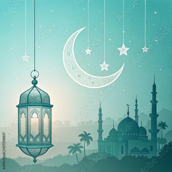 Obraz elegant golden moon with mosque Ramadan Kareem background, Flat design ramadan kareem background