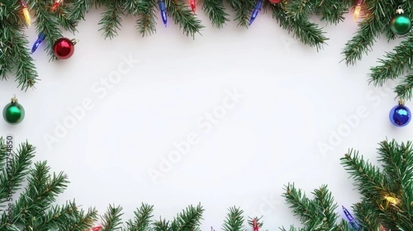 Obraz Colorful lights, ornaments, and greenery decorate a soft winter background during the holiday season