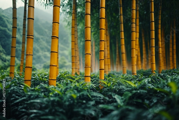 Obraz Golden Bamboo Canopy, A Serene Forest View with Lush Green Foliage