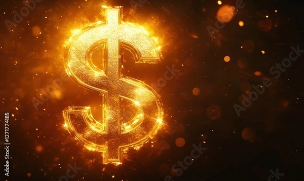 Fototapeta Dollar sign ablaze glowing, money concept, with abstract sparkles in the background