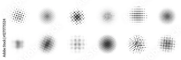 Obraz Twelve black halftone circles display varying dot patterns, creating diverse gradients and textures on a white background, showcasing the classic pop art effect in a minimalist style.
