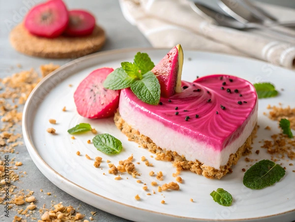 Fototapeta A close-up view of a plate with a slice of pink dessert, garnished with slices of radish and mint leaves. The plate is white, and the dessert has a creamy base with a pinkish hue. The radish slices ar