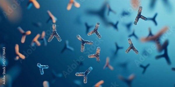 Obraz Vivid Digital Representation of Antibody Molecules, Highlighting Y-Shaped Structures, Binding Sites, and Heavy-Light Chain Arrangements Against a Gradient Soft Blue Background