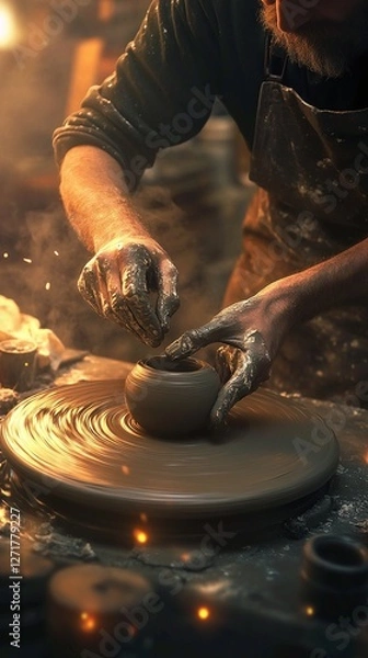 Obraz potter shaping clay on a spinning wheel with hands covered in clay. warm lighting, focused on the pottery and the artisan's work.