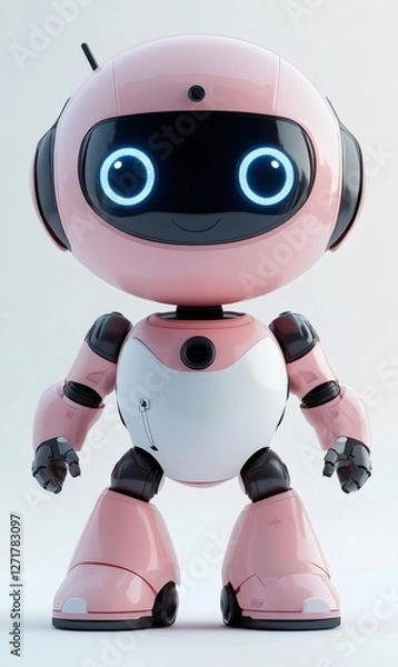 Fototapeta Pink and white friendly robot standing on a white background, futuristic artificial intelligence concept