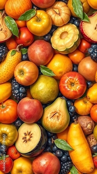 Fototapeta A seamless pattern depicting a collection of various fruits, meticulously painted in a realistic style, using a hyper-realistic technique and a natural color palette, arrang.