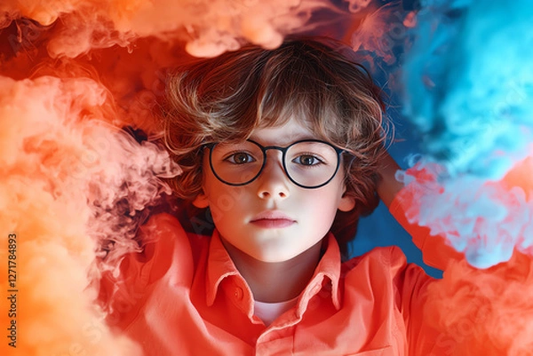 Fototapeta boy with big eyes and glasses surrounded by colorful smoke, looking curious and thoughtful. vibrant colors create playful and imaginative atmosphere