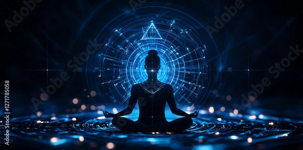 Obraz serene silhouette of woman meditating in lotus position, surrounded by glowing geometric patterns and light, creating tranquil atmosphere